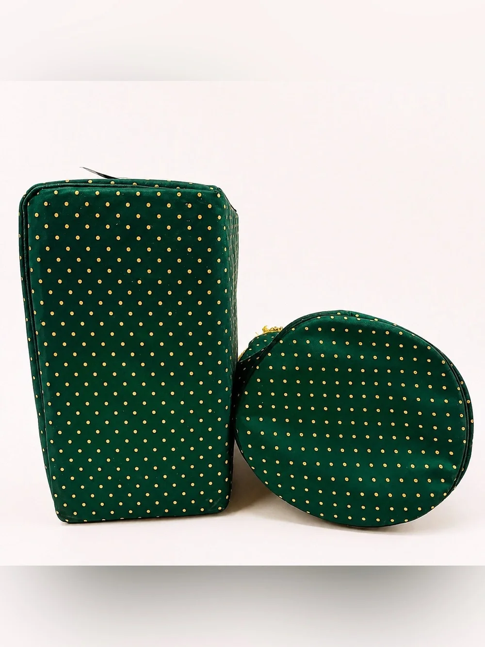 Vintage Dior Cosmetic Bag Set Green Gold Polka Dot NOS - Picture 8 of 16